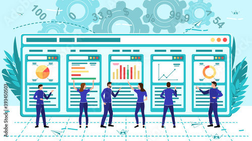 Group of people looks at a screen with graphs. Dashboard Business Landing Page. Cartoon Flat style vector illustration