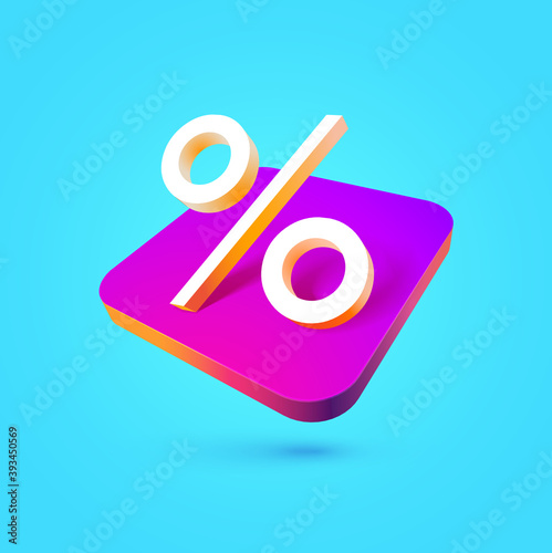 Percentage sign isolated vector icon. Percent symbol colorful 3d sticker on blue background