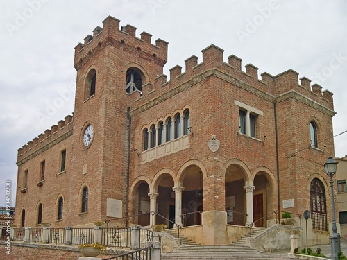 Italy, Marche, Mondolfo the City hall and the civic tower.