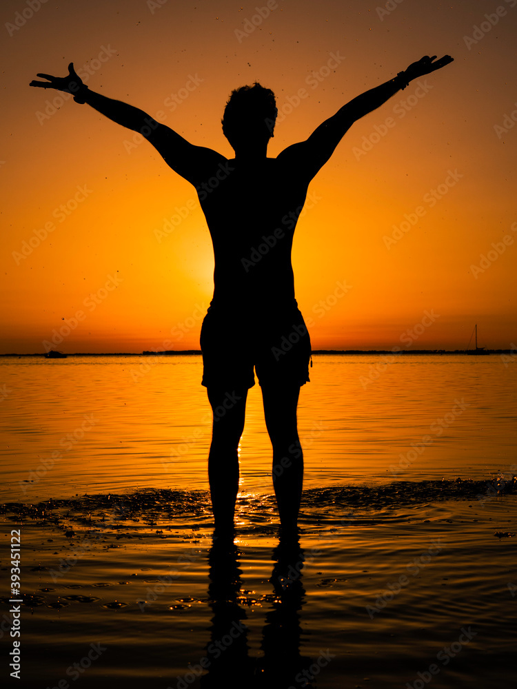Fototapeta premium Shadow of the person on sunset. Make your dreams come true. Success story. Victory, independence, strength.