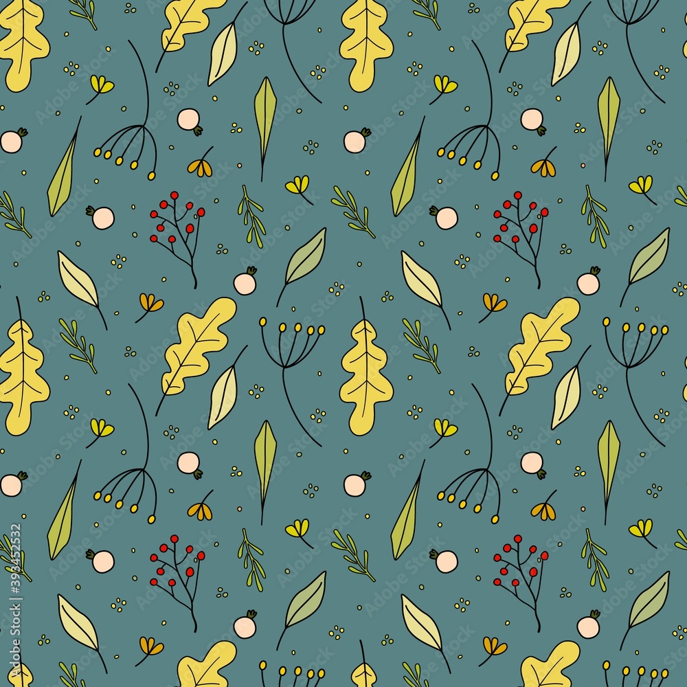 Seamless vector fall nature pattern from forest berries colorful oak tree leaves branches twigs in free hand doodle style on teal background. Cute creative print for fabric wrapping gift paper Seamless vector fall nature pattern from forest berries colorful oak tree leaves branches twigs in free hand doodle style on teal background. Cute creative print for fabric wrapping gift paper