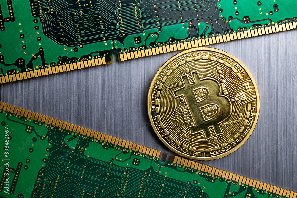 Bitcoin token coin on computer ram and brushed metal background, Technology  and currency background concept Stock Photo | Adobe Stock