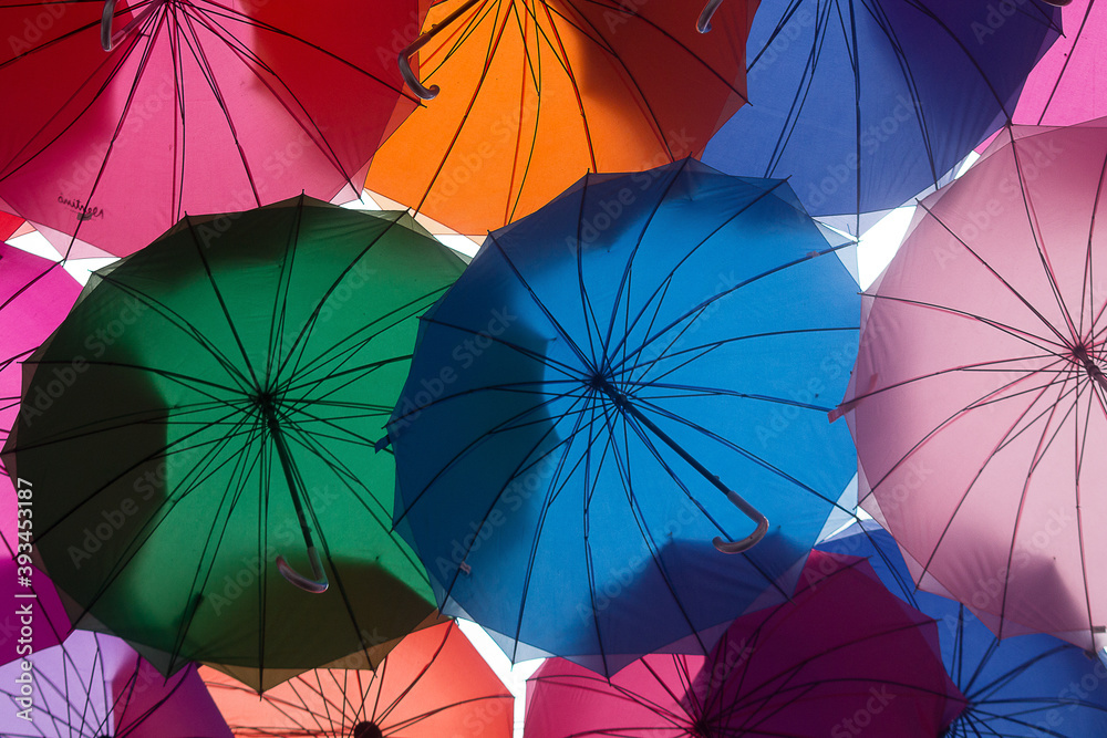 Detail of colorful umbrellas in the streets of the center of Caracas in Venezuela Detail of colorful umbrellas in the streets of the center of Caracas in Venezuela