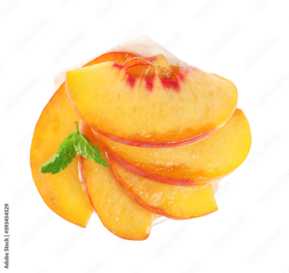 Delicious dessert with peach slices isolated on white, top view