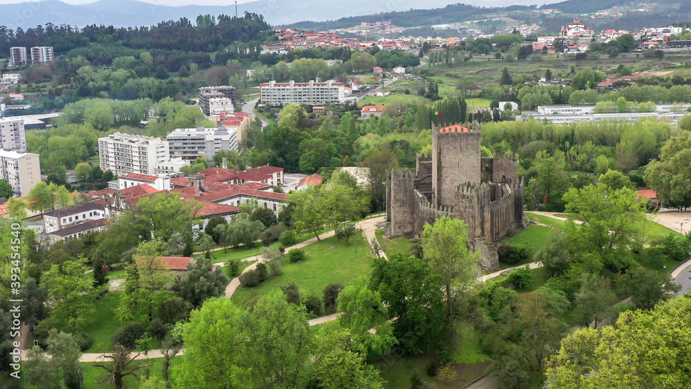 Aerial view of the medieval castel of Guimarães .