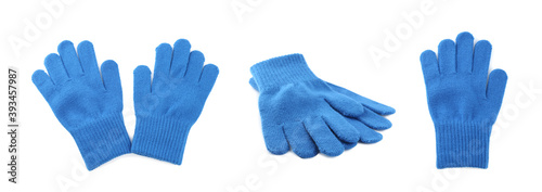 Set of blue woolen gloves on white background. Banner design