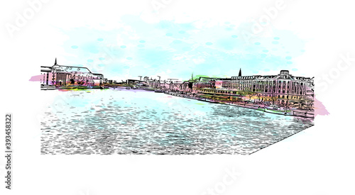 Building view with landmark of Copenhagen is the capital and most populous city of Denmark. Watercolour splash with hand drawn sketch illustration in vector.