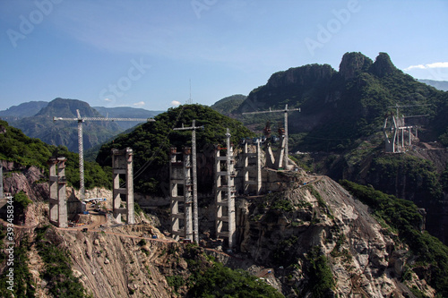 August 28, 2010, Durango, Mexico. Aerial view, from helicopter, of the construction of the Baluarte bridge that crosses the Sierra Madre Occidental connecting to Mazatlán and Durango, Mexico. photo
