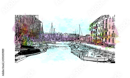 Building view with landmark of Copenhagen is the capital and most populous city of Denmark. Watercolour splash with hand drawn sketch illustration in vector.