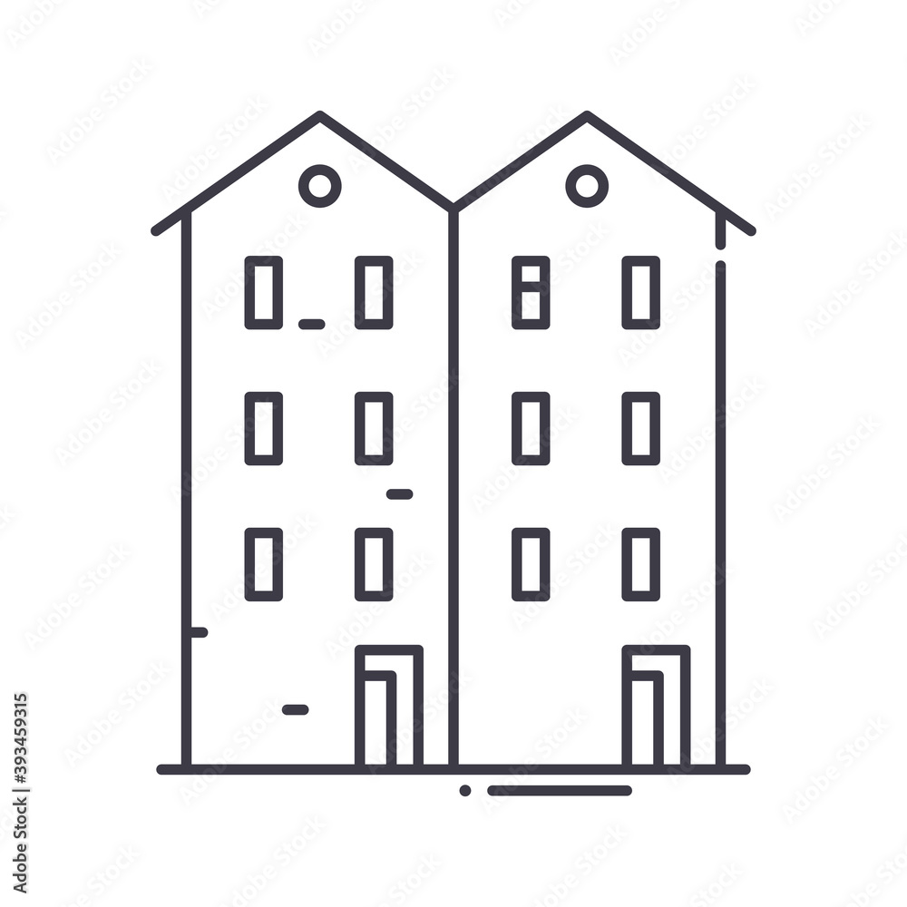 Retro apartment building icon, linear isolated illustration, thin line vector, web design sign, outline concept symbol with editable stroke on white background. Retro apartment building icon, linear isolated illustration, thin line vector, web design sign, outline concept symbol with editable stroke on white background.