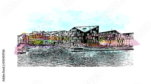 Building view with landmark of Copenhagen is the capital and most populous city of Denmark. Watercolour splash with hand drawn sketch illustration in vector.