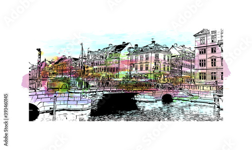 Building view with landmark of Copenhagen is the capital and most populous city of Denmark. Watercolour splash with hand drawn sketch illustration in vector.