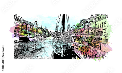 Building view with landmark of Copenhagen is the capital and most populous city of Denmark. Watercolour splash with hand drawn sketch illustration in vector.