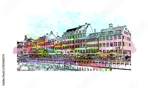 Building view with landmark of Copenhagen is the capital and most populous city of Denmark. Watercolour splash with hand drawn sketch illustration in vector.