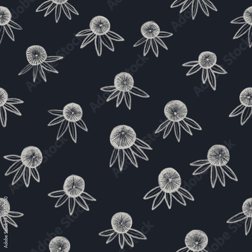 Seamless texture of wild floral. Hand drawn sketch painting on deep blue background.