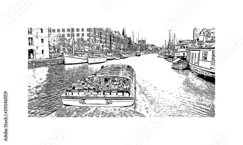 Building view with landmark of Copenhagen is the capital and most populous city of Denmark. Hand drawn sketch illustration in vector.