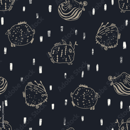 Seamless texture of cute fish. Hand drawn sketch painting on deep blue background.