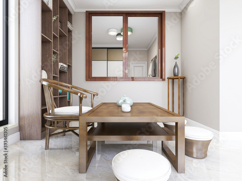 spacious and bright urban residential closed balcony design, green plants with wooden tables and chairs are leisure and comfortable.