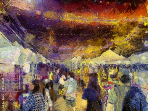 Night market in Thailand Illustrations creates an impressionist style of painting.