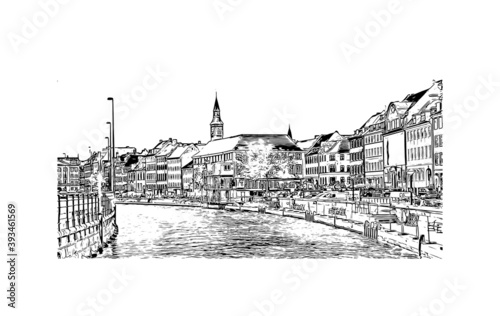 Building view with landmark of Copenhagen is the capital and most populous city of Denmark. Hand drawn sketch illustration in vector.