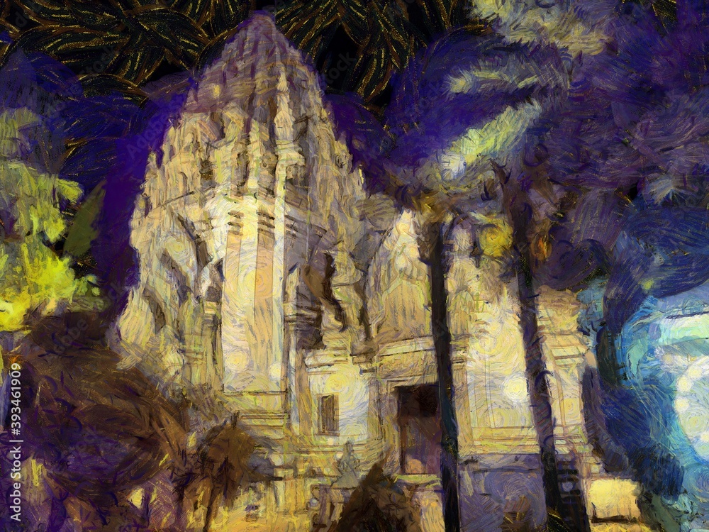 Landscape of ancient stone castle in Thailand Illustrations creates an impressionist style of painting.
