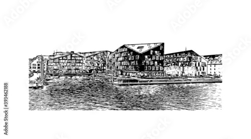 Building view with landmark of Copenhagen is the capital and most populous city of Denmark. Hand drawn sketch illustration in vector.