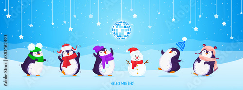 Set of cute dancing Christmas penguins in winter hats and scarves. Blue background with snowman, disco ball, snowflakes, stars and mountains. Hello winter. Vector cartoon illustration. 