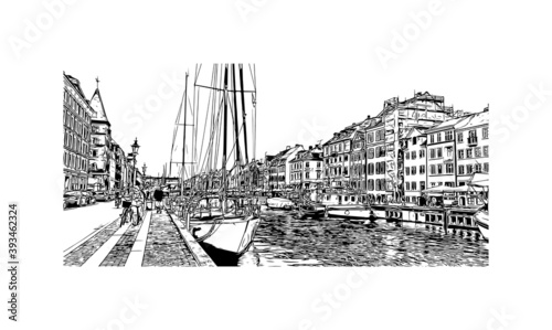 Building view with landmark of Copenhagen is the capital and most populous city of Denmark. Hand drawn sketch illustration in vector.