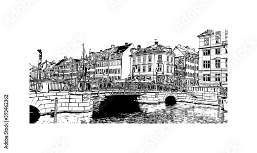 Building view with landmark of Copenhagen is the capital and most populous city of Denmark. Hand drawn sketch illustration in vector.