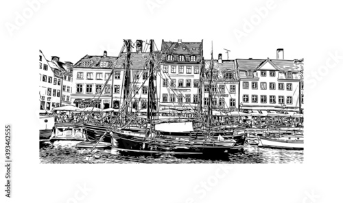 Building view with landmark of Copenhagen is the capital and most populous city of Denmark. Hand drawn sketch illustration in vector.