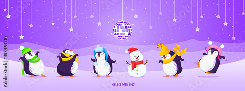 Set of cute dancing penguins in winter hats. Violet background with snowman, disco ball, snowflakes, stars and mountains. Vector cartoon illustration. Great for banners, prints, decor and web design.