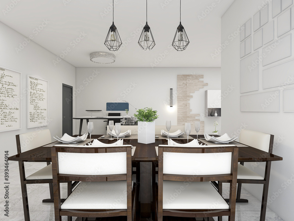spacious dining room design next to the modern kitchen, with a beautiful dining table and greenery