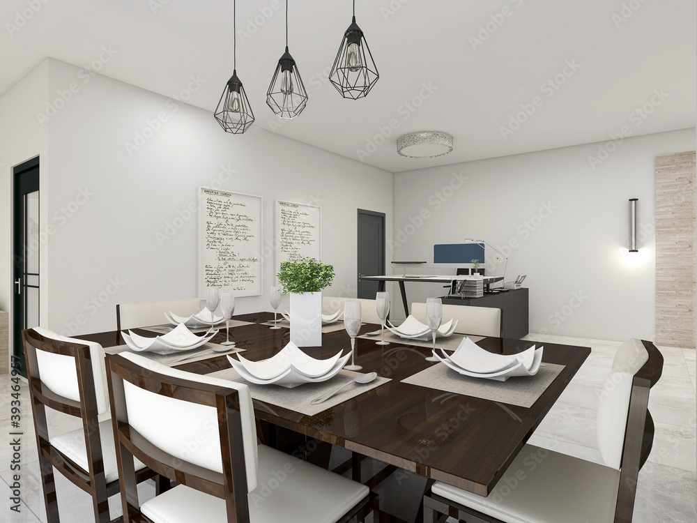 spacious dining room design next to the modern kitchen, with a beautiful dining table and greenery spacious dining room design next to the modern kitchen, with a beautiful dining table and greenery