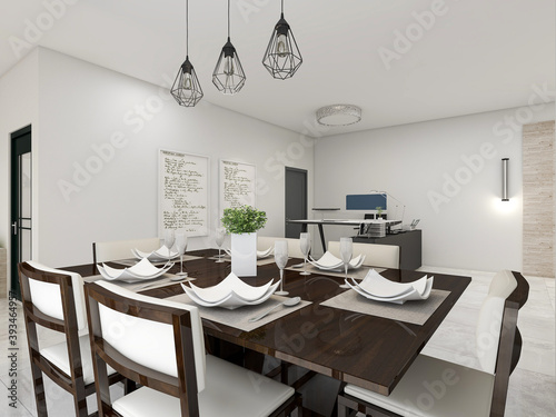 spacious dining room design next to the modern kitchen, with a beautiful dining table and greenery © 雨菡 李