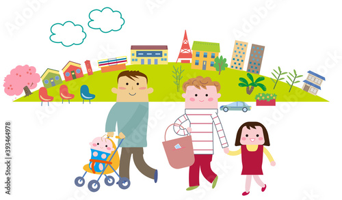幼い子供を持つ親子と町の風景　セット

