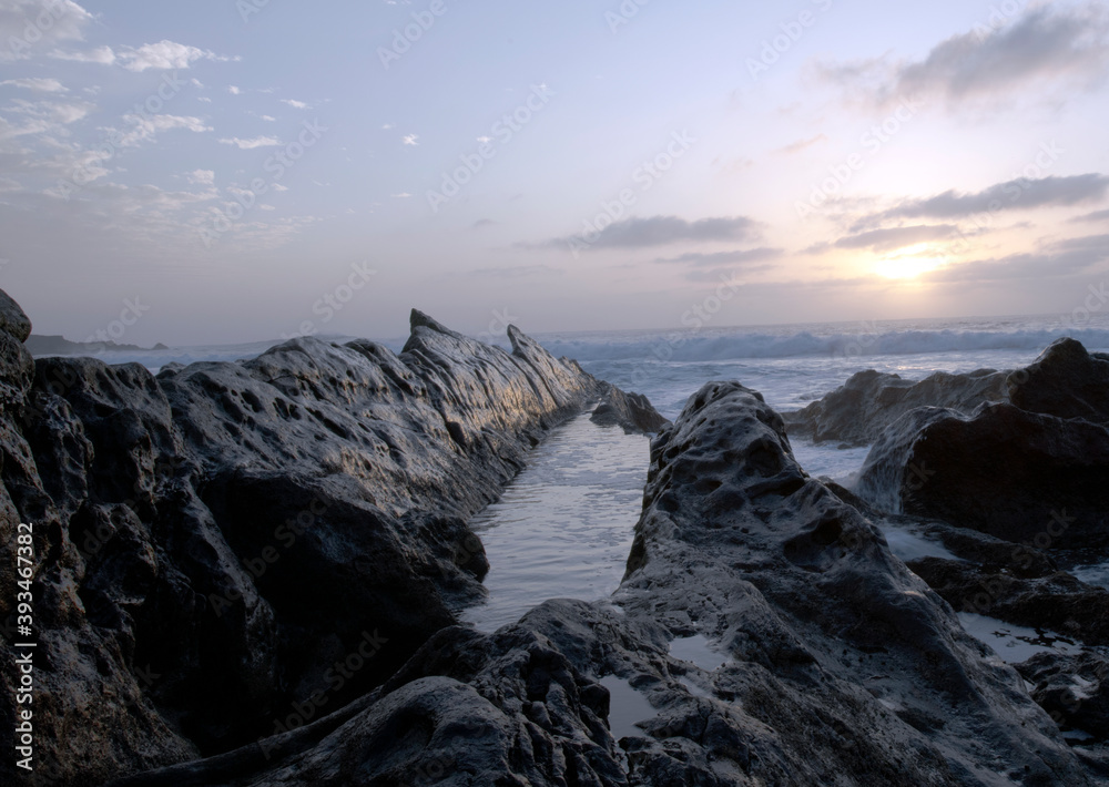 Old lava flow pictured during sunset. Lanzarote, Canary Island