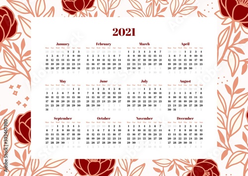 2021 Calendar printable template with hand drawn flower background and leaf clipart decoration