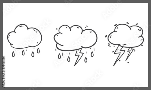 Illustration of Cloud and hand draw. heavy rain, rainy season, Overcast sky and lightning in the rainy season. doodle style. vector, illustration.