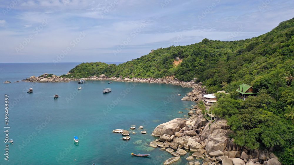 Aerial drone view over Koh Tao diving island in the Gulf of Thailand