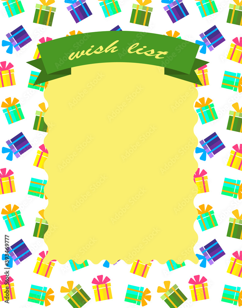 Template for writing wishlist. Postcard template with frame for congratulations or notes. Vector illustration white background.