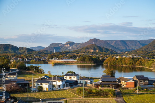 View of suburbs with reservoir , Kagawa, Shikoku, Japan