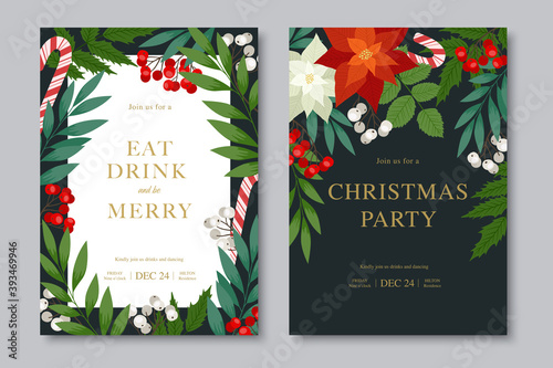 Merry Christmas and Happy New Year party invitation. Vector posters with poinsettia, holly berries, fir and pine branches, cones, rowan, lollipops. Holiday cards.