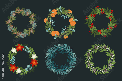 Set of Christmas wreaths with oranges, holly berries, poinsettias, pine and fir branches, cones, winter plants, rowan. Vector design elements for your holiday cards. Xmas traditional set
