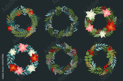 Set of Christmas wreaths with holly berries, poinsettias, pine and fir branches, cones, winter plants, rowan. Vector design elements for your holiday cards. Xmas traditional set