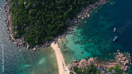 Aerial drone view over Koh Nang Yuan island near the paradise diving island of Koh Tao in the Gulf of Thailand