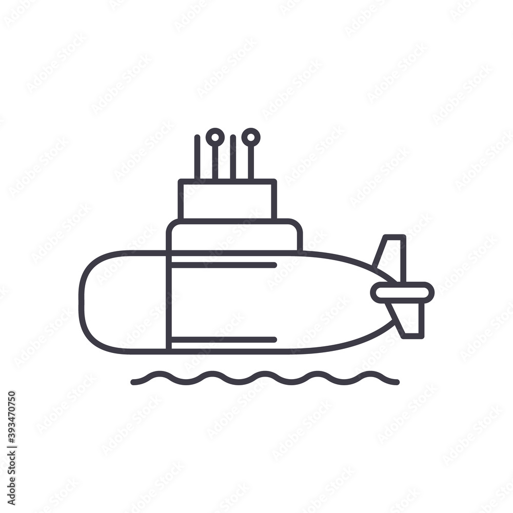 Submarine icon, linear isolated illustration, thin line vector, web design sign, outline concept symbol with editable stroke on white background. Submarine icon, linear isolated illustration, thin line vector, web design sign, outline concept symbol with editable stroke on white background.
