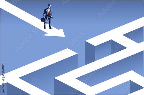 Businessman Standing on Arrow Heading to Entrance of Huge Jigsaw Puzzle Blue Collar Conceptual Illustration