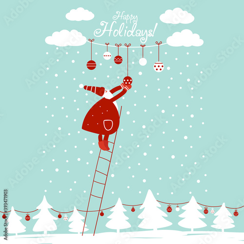 Funny Santa Claus decorating clouds with holiday toys. Cute winter holiday card. Stylish Christmas and New Year vector illustration