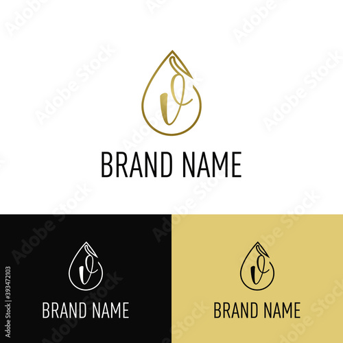 Elegant luxury initial v letter for cosmetic, make up, hotel, boutique business logo concept with golden line art liquid or water drop icon