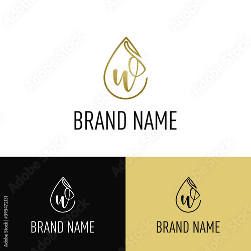 Elegant luxury initial w letter for cosmetic, make up, hotel, boutique business logo concept with golden line art liquid or water drop icon